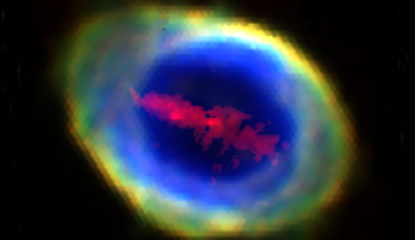The planetary nebula known as the Ring Nebula with its central iron bar marked in red