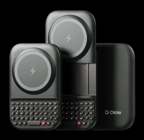 Clicks Power Keyboard showing its magnetic wireless charging pad