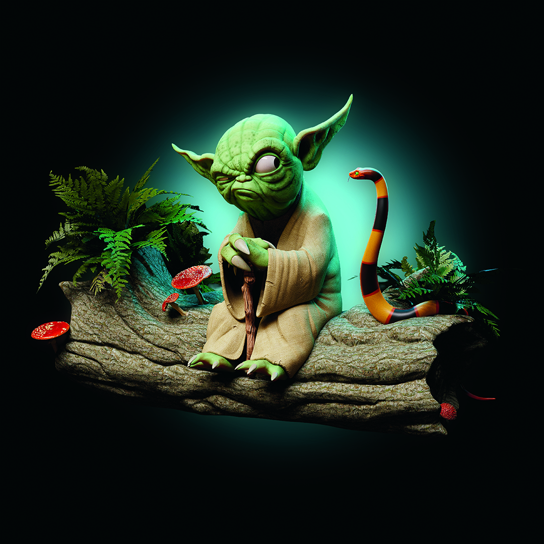A 3D model of Yoda eying a snake