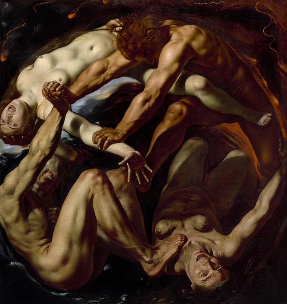 Baroque painting of four entwined figures in dramatic poses against a dark background, emphasizing dynamic movement and light.