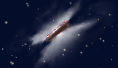 An illustration of Gomez&rsquo;s Hamburger with its stacked layers of gas and dust swirling around a young star.