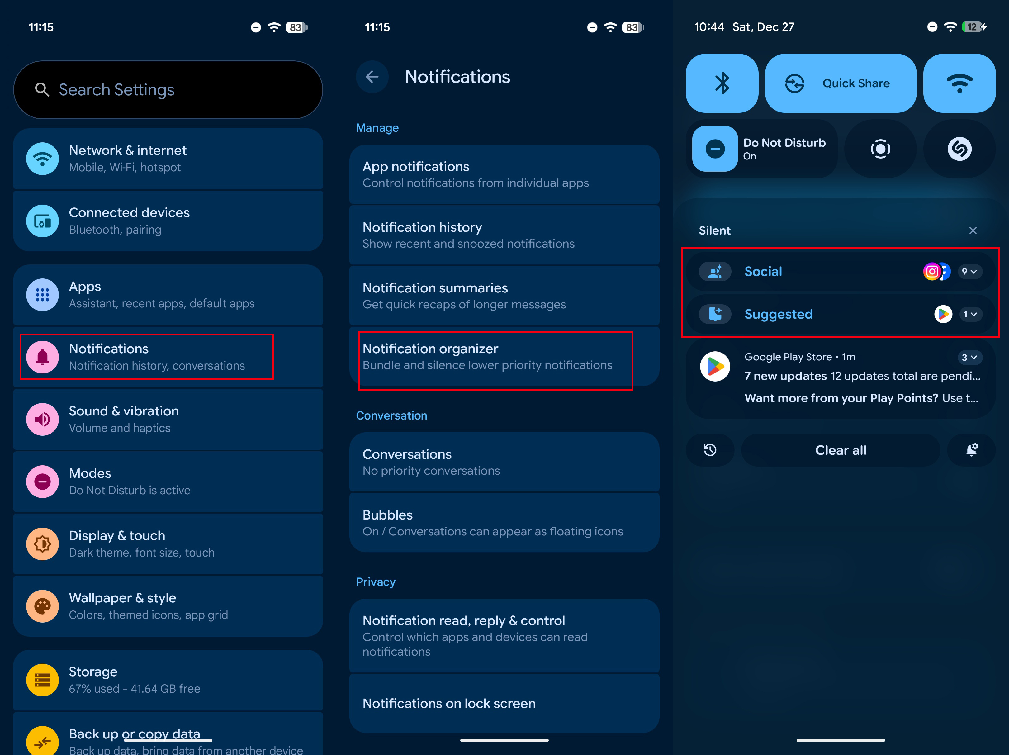 Notification organizer features set up process on a Pixel 10