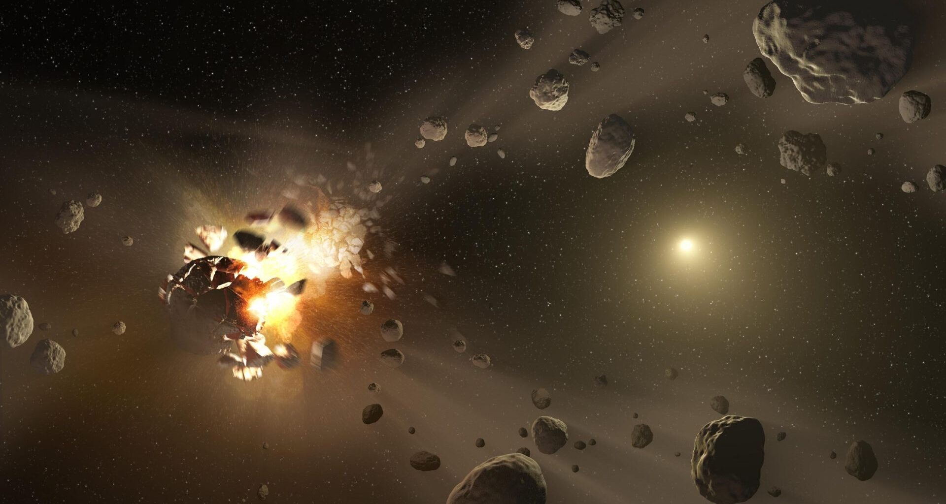 An artist's impression of an asteroid fragmenting into multiple chunks. The chunks come from a glowing light to the left of the image
