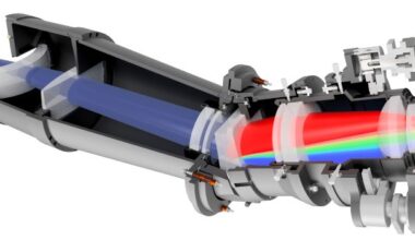 The concept for one of the BlueMUSE spectrographs. The image from the telescope is split into 16 separate slices and enters the spectrograph at the top left.