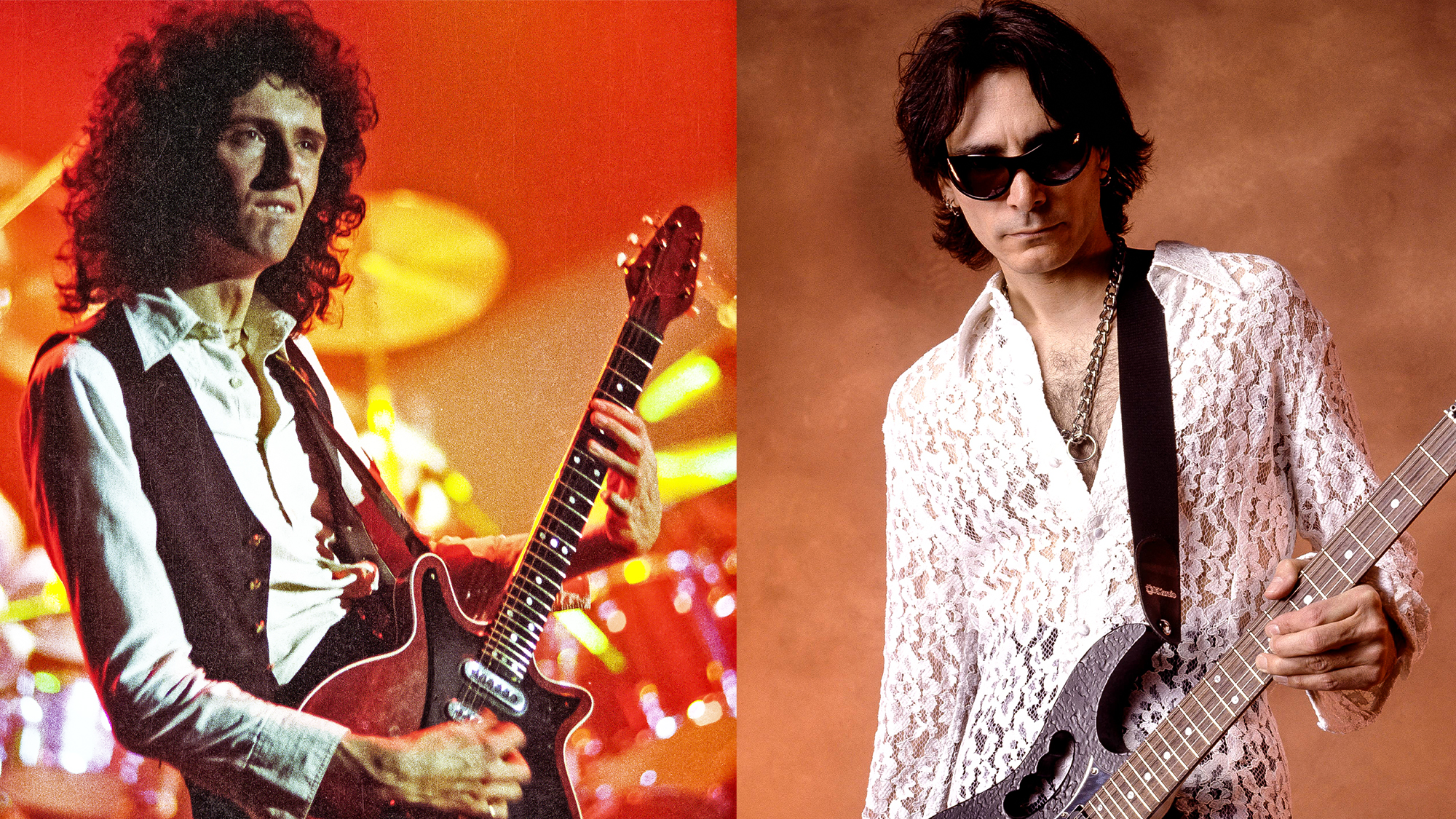 LEFT: Brian May of Queen performs on stage at Wembley Arena, on May 11th, 1978 in London, England. RIGHT: Steve Vai
