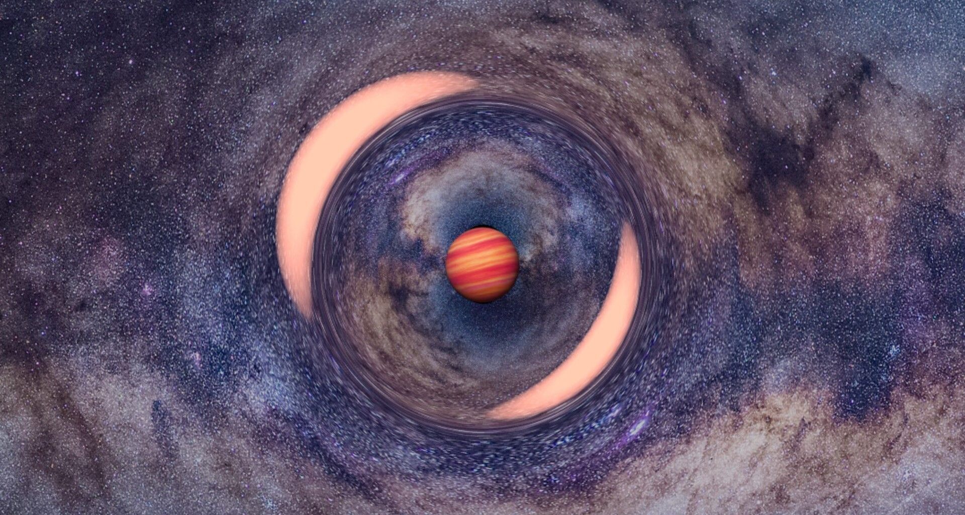 an illustration of a brown-and-red-striped planet on a starry background