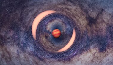 an illustration of a brown-and-red-striped planet on a starry background