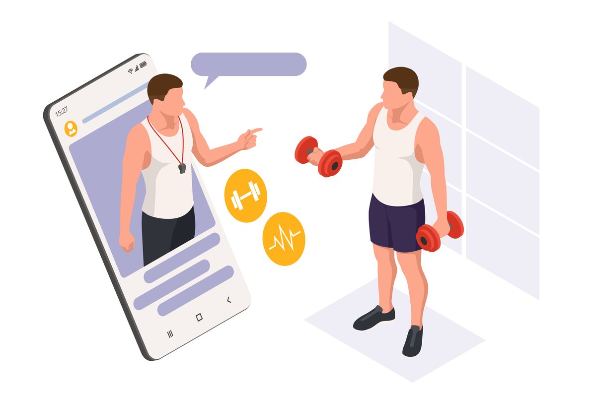 Dumbbell Exercises and Workouts training online. Isometric Fitness and Health concept