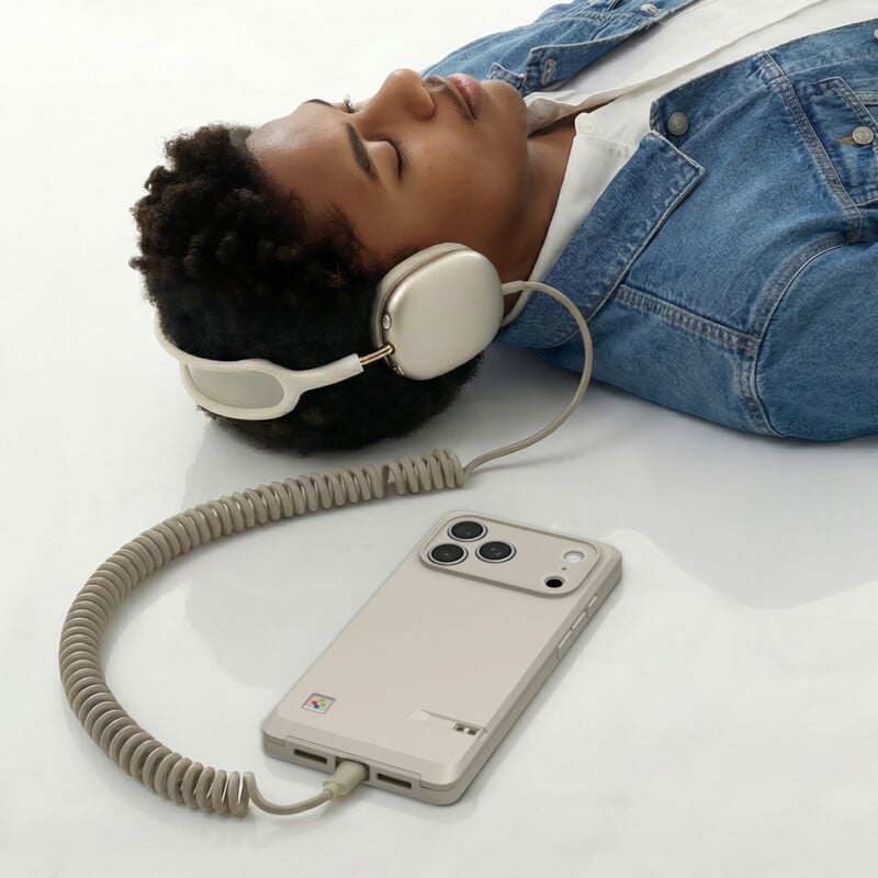 A person with curly hair wearing a denim jacket lies on the floor, listening to music with large beige headphones connected by a coiled cable to a modern beige smartphone.