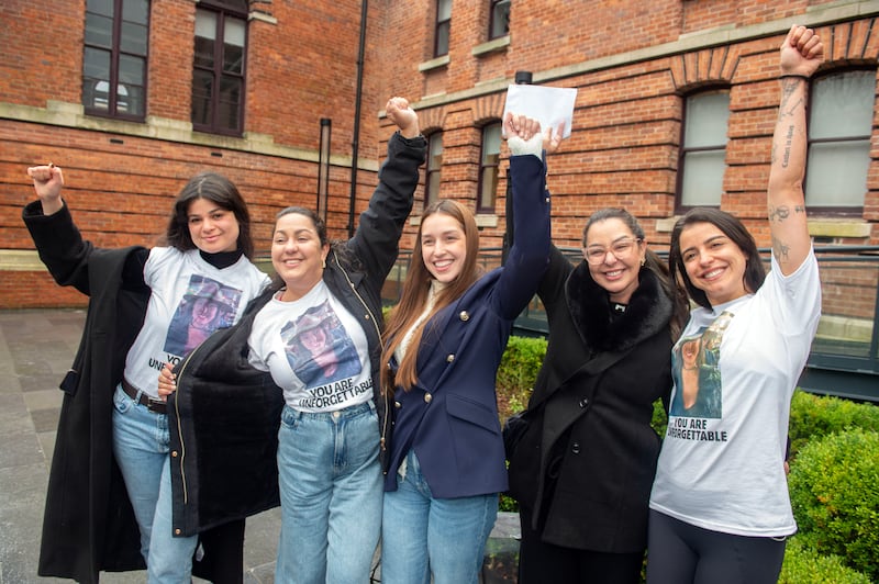 Juliana Souza with Marcela, Bel, Fernanda, Maria Luiza Fonseca all friends and family of the late Bruna Fonseca at the Central Criminal Court in Cork. Photograph: Michael Mac Sweeney/Cork Courts