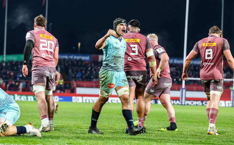 Castres' Baptiste Cope celebrates after winning a late penalty during the Champions Cup game against Munster at Thomond Park. Photograph: Nick Elliott/Inpho