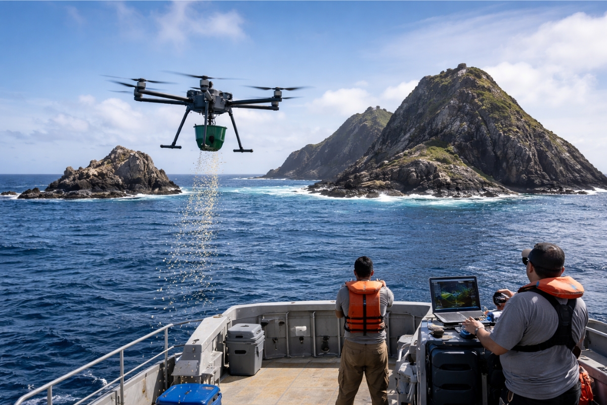 Drones launched from boats are already being used to spread bait on islands and inaccessible areas, and could change the way we combat invasive rodents.