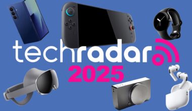 Samsung Galaxy Z Fold 7, Sigma BF, Samsung Galaxy XR, Apple AirPods Pro 3, Google Pixel Watch 4 and Nintendo Switch 2 on a blue background, surrounding text reading TechRadar 2025