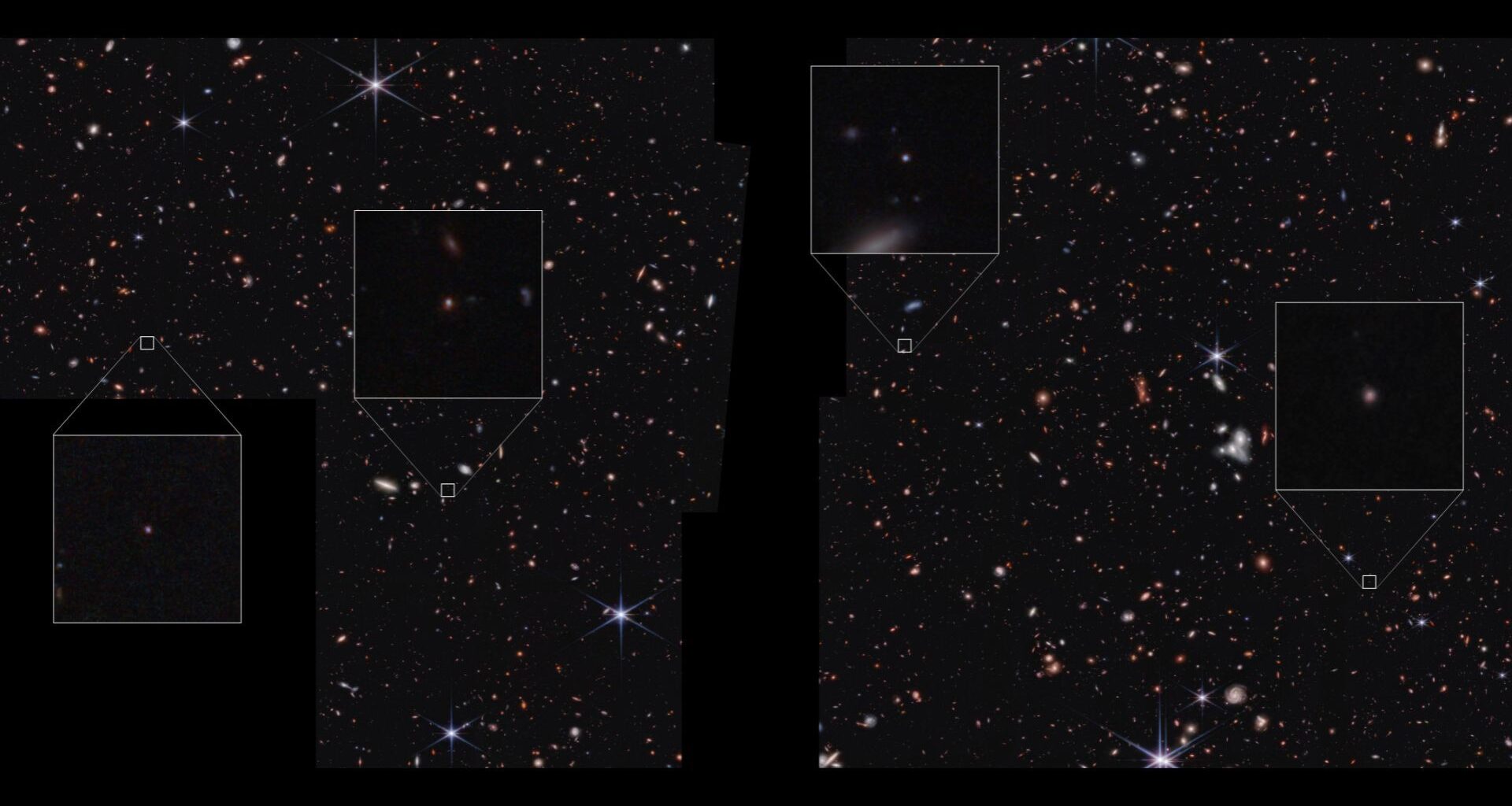 James Webb Space Telescope image showing a broad area of space with many small galaxies, four of which are highlighted in pull-out boxes. The four highlighted galaxies are very small, appearing as points of light. Black areas of the overall image indicate where the telescope did not collect data &ndash; a vertical section in the center and a square in the lower left corner.