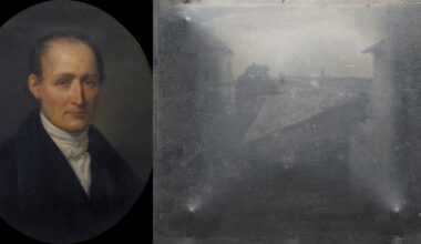A split image: on the left, a painted portrait of a man in early 19th-century attire; on the right, an old, blurry black-and-white photograph showing a rooftop scene with buildings and trees.