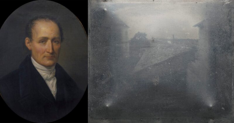 A split image: on the left, a painted portrait of a man in early 19th-century attire; on the right, an old, blurry black-and-white photograph showing a rooftop scene with buildings and trees.