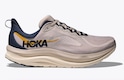Side view of the HOKA Kawana 3 training shoe in a beige and navy colorway with a thick cushioned midsole and streamlined heel.