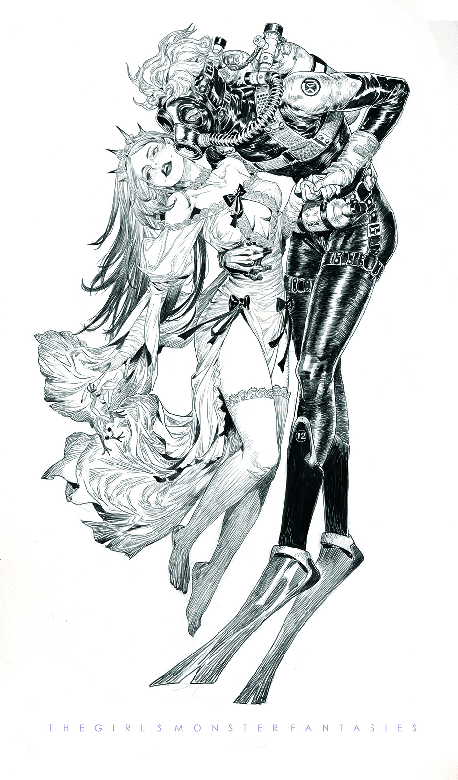 A black and white illustration of a fairytale scene