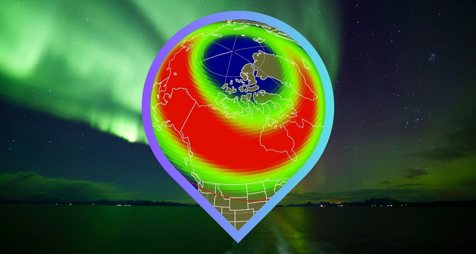 a map showing the extent of the possible aurora view line across the us, showing 15 states at least in part inside the aurora view line. the background image is a sweeping green northern lights show.