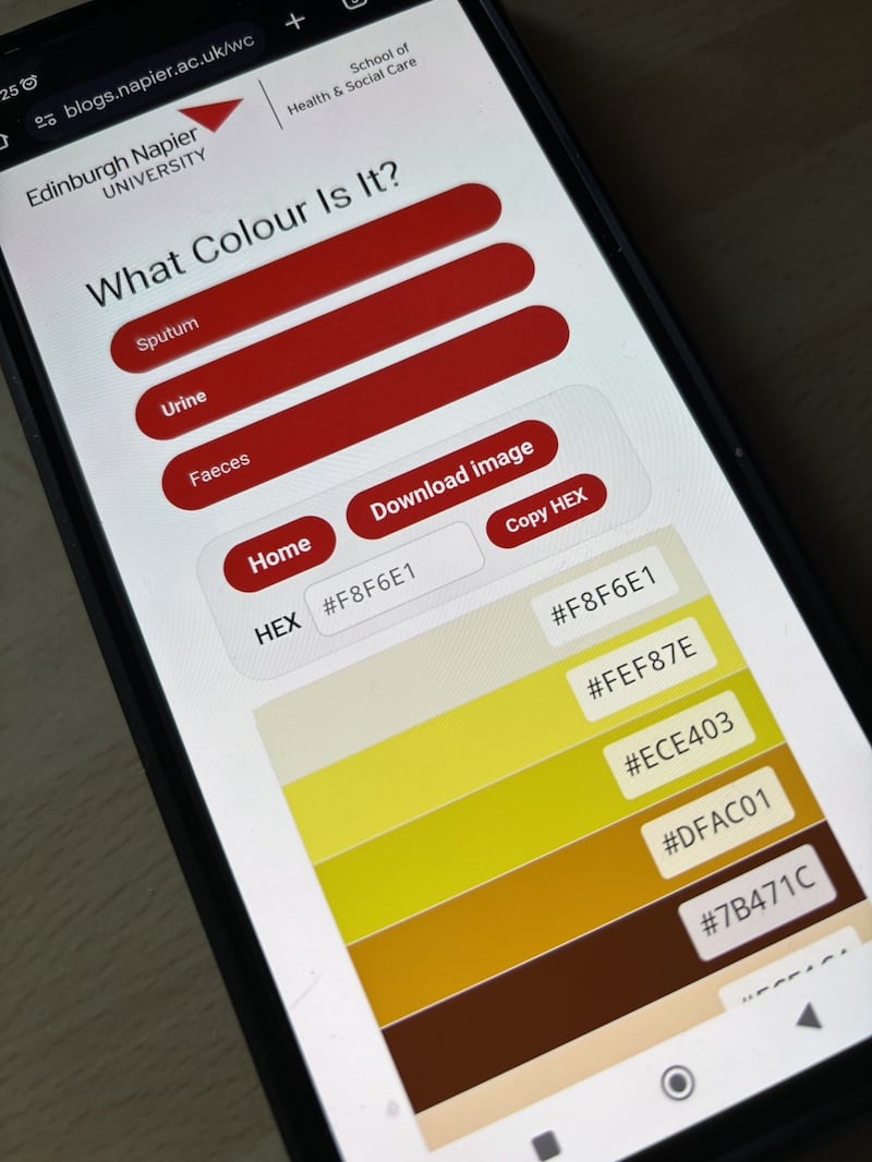 The online tool resembles a paint colour card, with a standardised list of colours for different bodily fluids