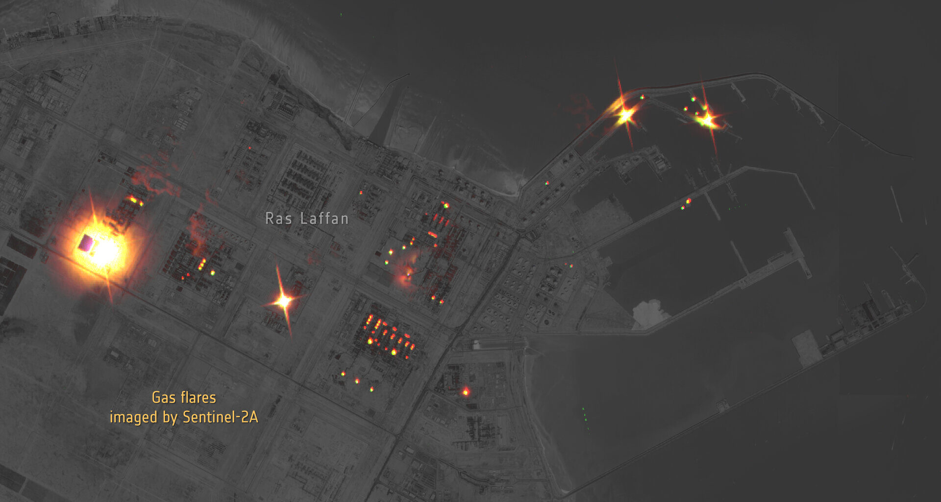 Gas flares in Qatar imaged by Sentinel-2A
