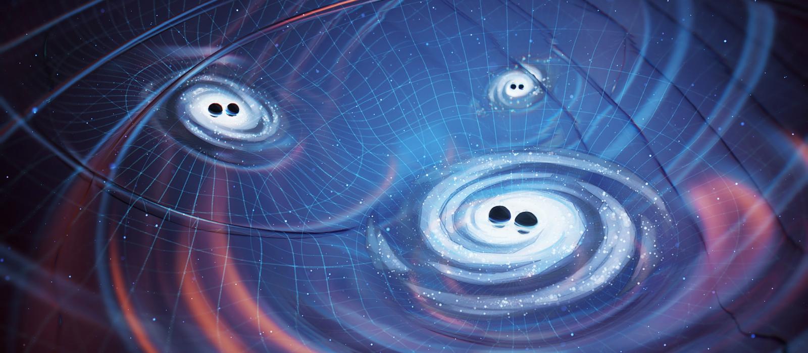 Illustration of supermassive binary black hole binary systems at the cores of galaxies and the GWs they produce. Credit: NANOGrav/Olena Shmahalo