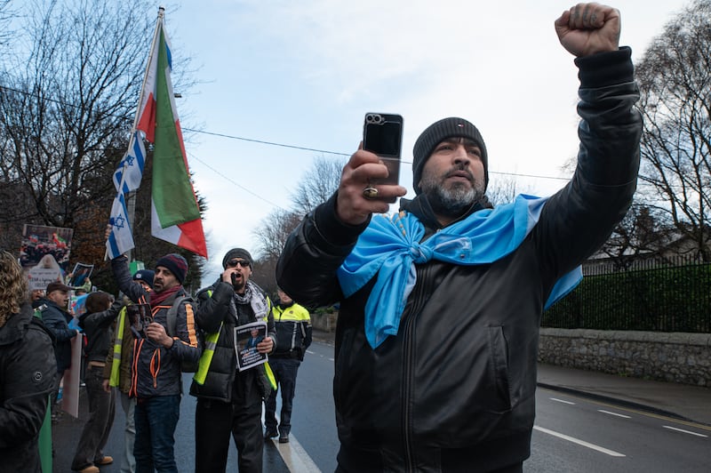 Protesters gather outside the Iranian Embassy in Blackrock. Photograph: Natalia Campos