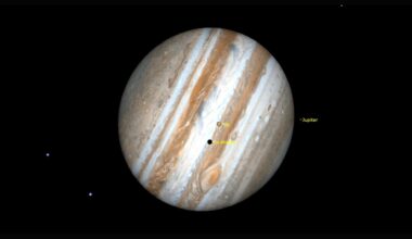 A closeup of the planet Jupiter in the darkness of space with a labeled dot for its moon Io.