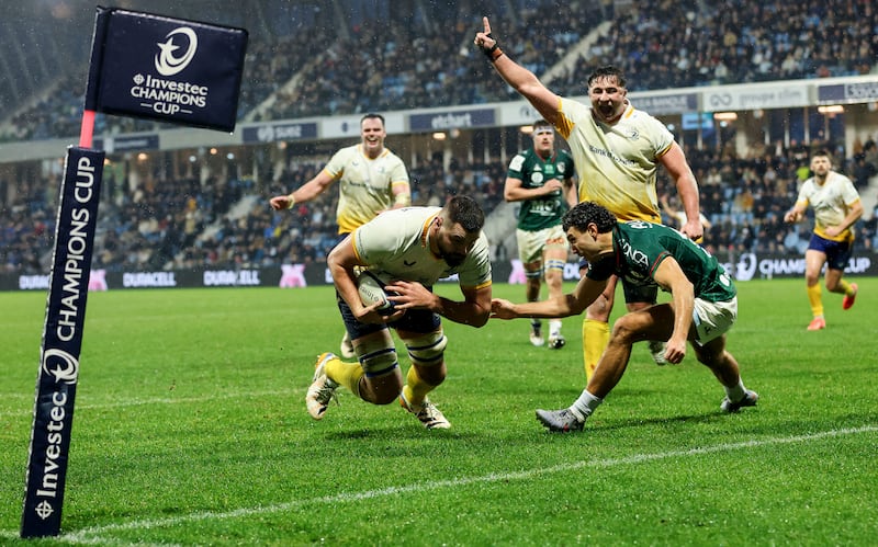 Leinster’s Max Deegan scores a try against Bayonne in Saturday's Champions Cup match. Photograph: Ryan Byrne/Inpho