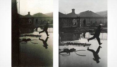 Two black-and-white photos show a person mid-air, leaping over a large puddle by a metal fence. Their reflection appears in the water. Industrial buildings and other figures are visible in the background.