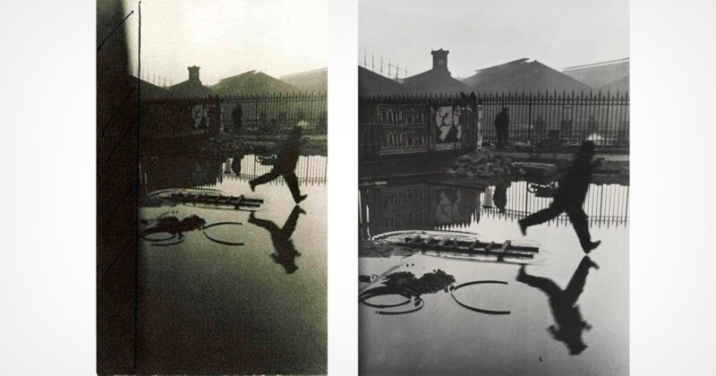 Two black-and-white photos show a person mid-air, leaping over a large puddle by a metal fence. Their reflection appears in the water. Industrial buildings and other figures are visible in the background.