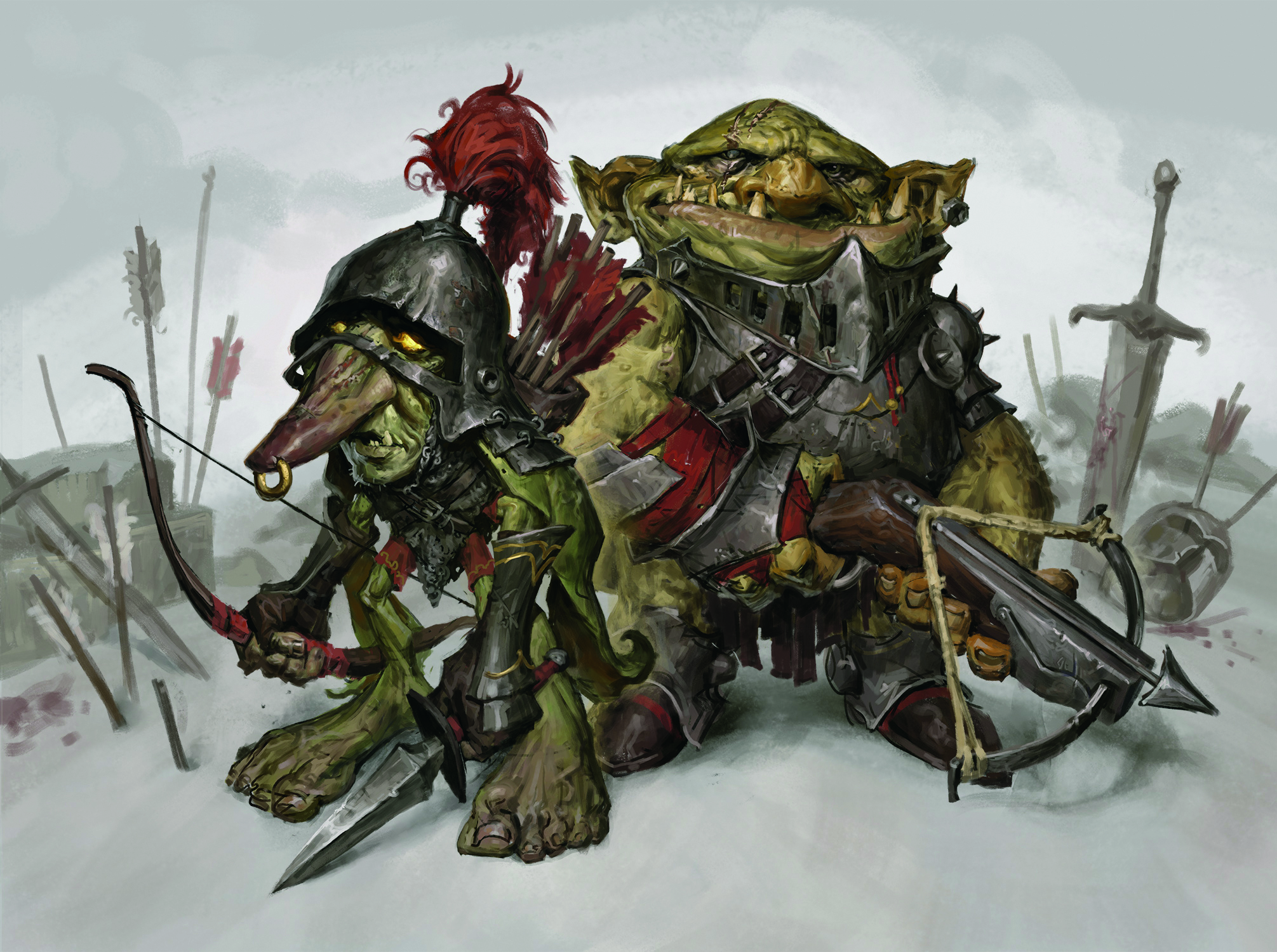 Digital art in a painterly style showing fantasy goblin-like characters with weapons