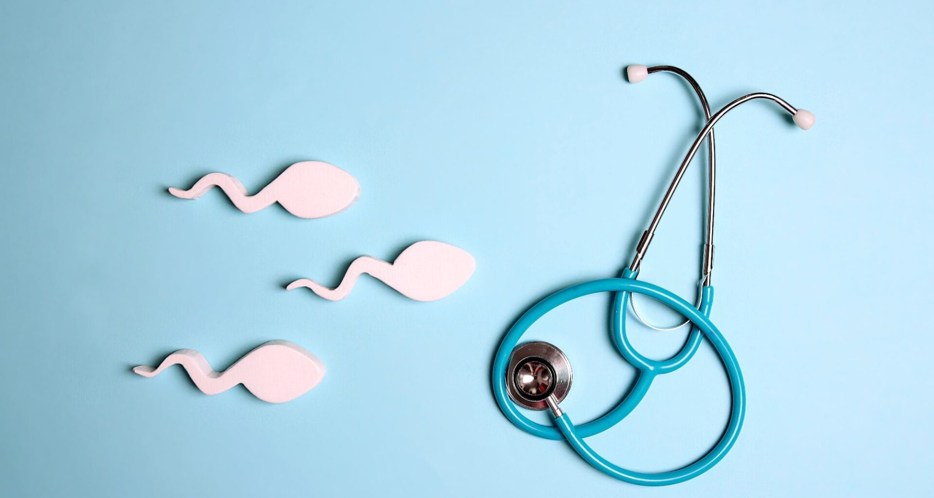 Sperm cells with stethoscope on blue background. Male sexual health.
