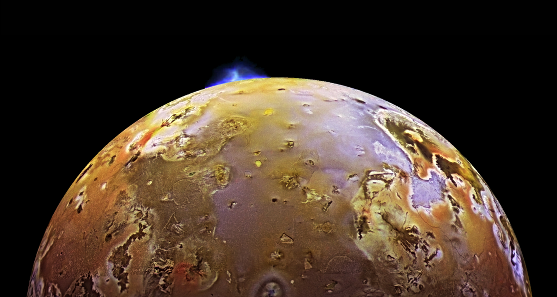 a glowing volcanic eruption on the surface of Io, a moon of Jupiter, as seen from space, with the eruption positioned on Io