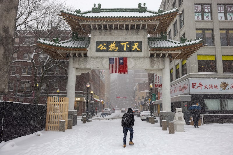 Snow blankets Chinatown in Boston, Massachusetts. Photograph: Scott Eisen/Getty