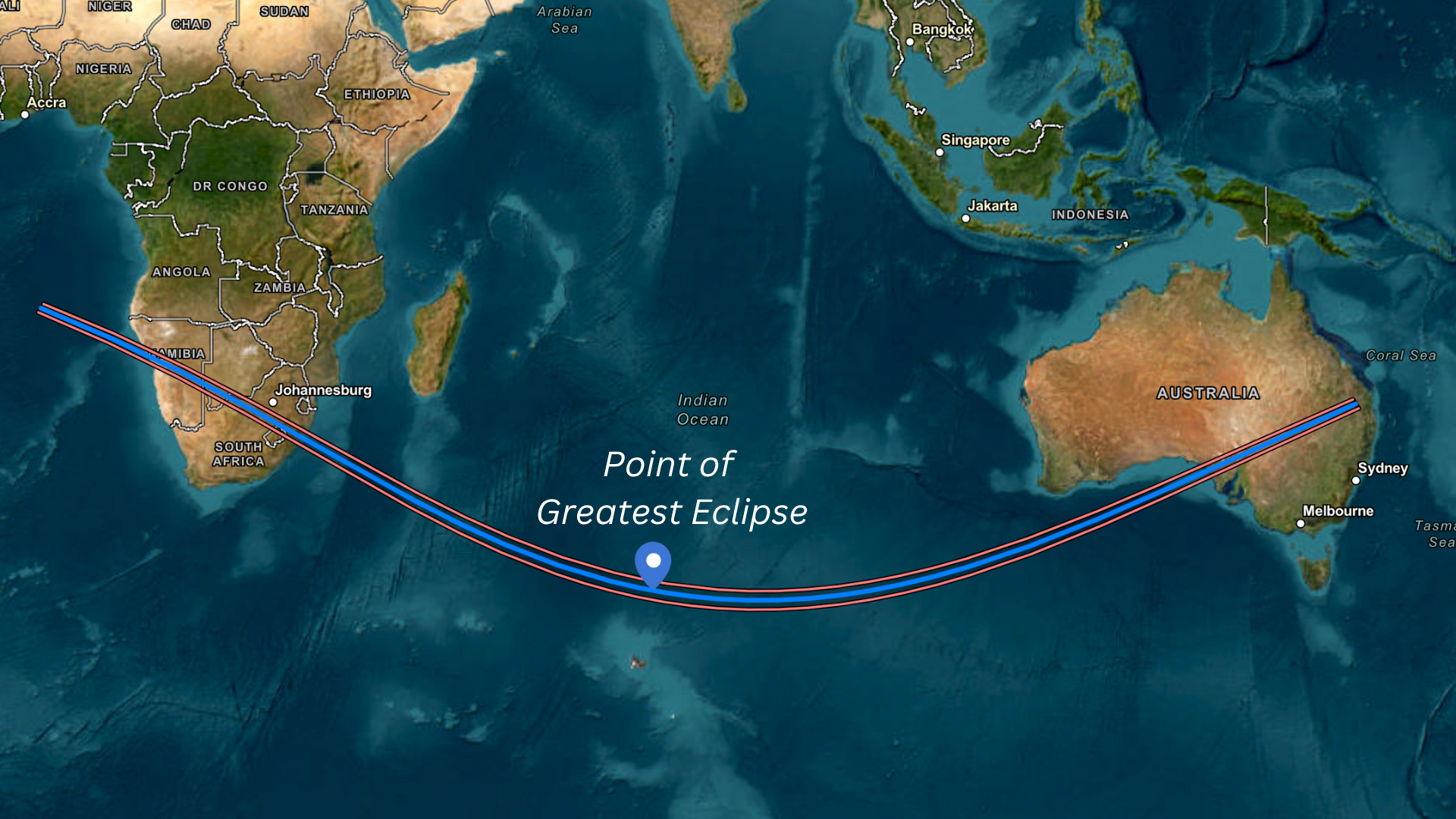 A series of maps showing the southern tip of Africa and Australia with various labels indicating parks all placed along a transparent dark line representing the path of the sun for the 2030 total solar eclipse.