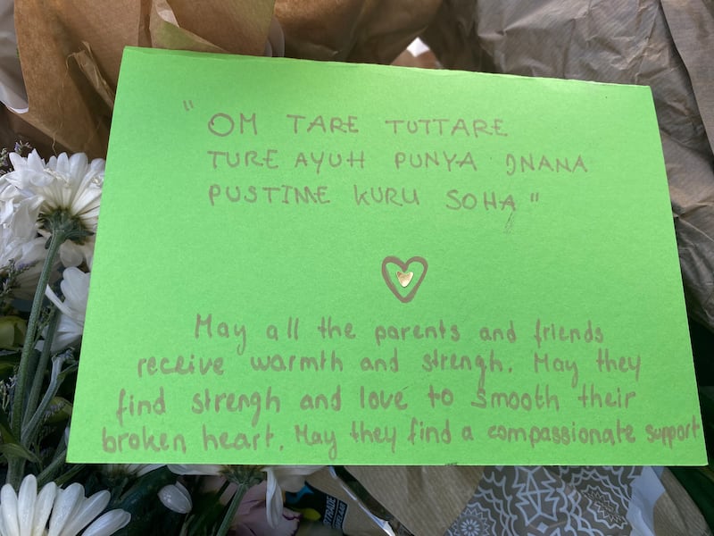 A message left near the scene of the fatal fire in Crans-Montana. Photograph; Denis McClean