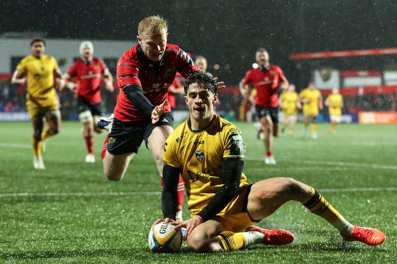 Dragons' Che Hope scores a try that was later disallowed. Photograph: Tom O’Hanlon/Inpho