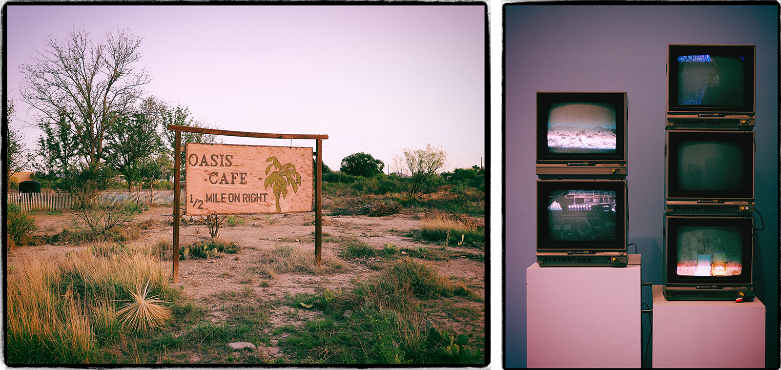 The image is split in two: on the left, a rustic sign reading "Oasis Café 1/2 mile on right" stands in a dry, grassy landscape; on the right, four stacked vintage TVs display static and distorted images against a purple wall.