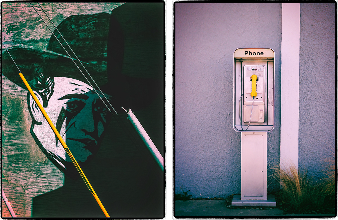 Split image: Left side shows a mural of a serious-faced person in a dark hat with angular shadows; right side shows a yellow-handled public payphone mounted on a grey wall with some grass at the base.