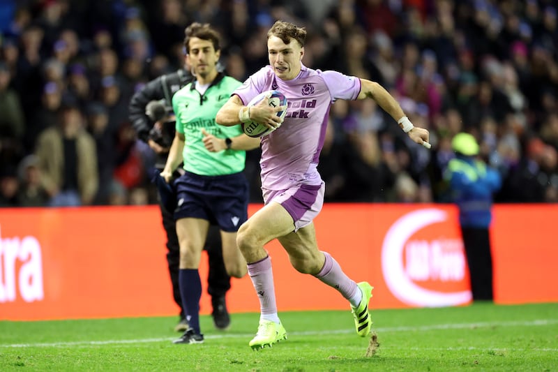 Jamie Dobie breaks to score Scotland's 12th try during the Quilter Nations Series 2025 match between Scotland and the USA last November in Murrayfield, Edinburgh. Photograph: Ian MacNicol/Getty Images