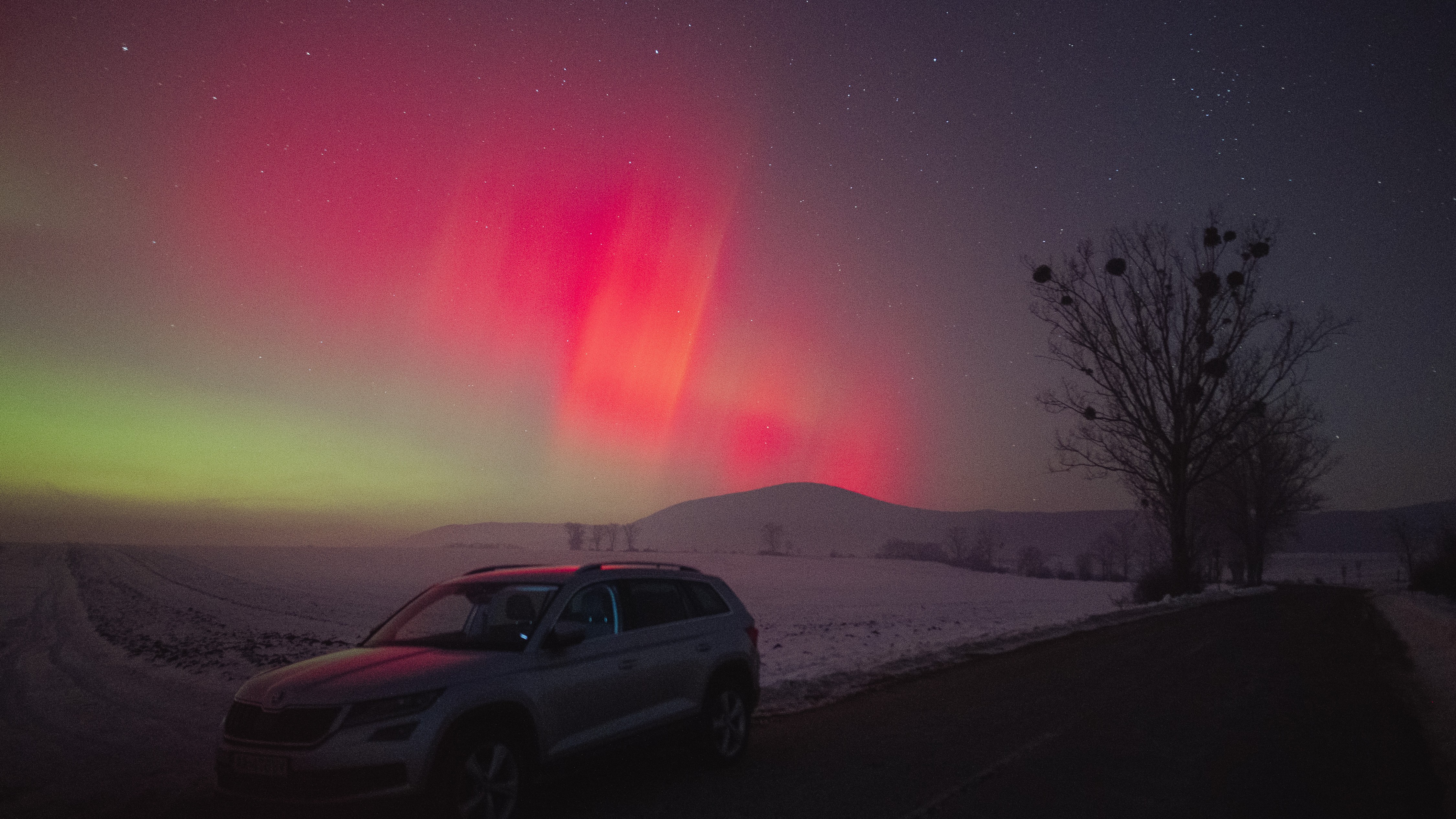 vivid red aurora fills the sky with green glow in the distance a car and tree are in the foreground.
