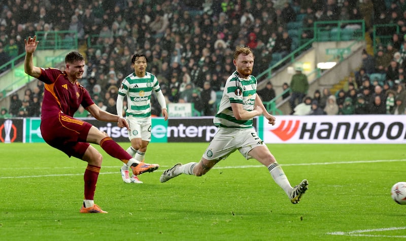 Evan Ferguson of Roma scores his team's third goal against Celtic in Glasgow on December 11th. Photograph: Robert Perry/EPA    