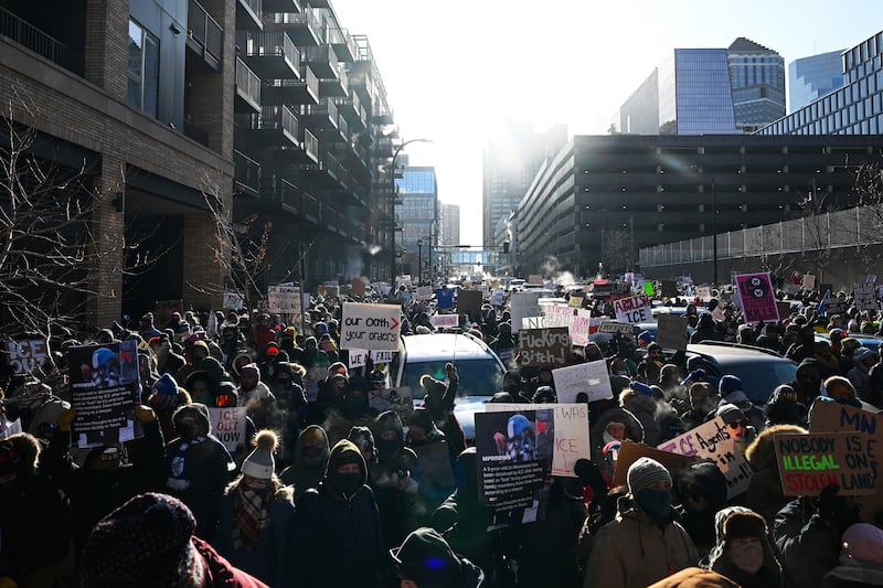 Demonstrators take part in a march during the 'ICE Out' day of protest in Minneapolis, Minnesota. Photograph: Brandon Bell/Getty