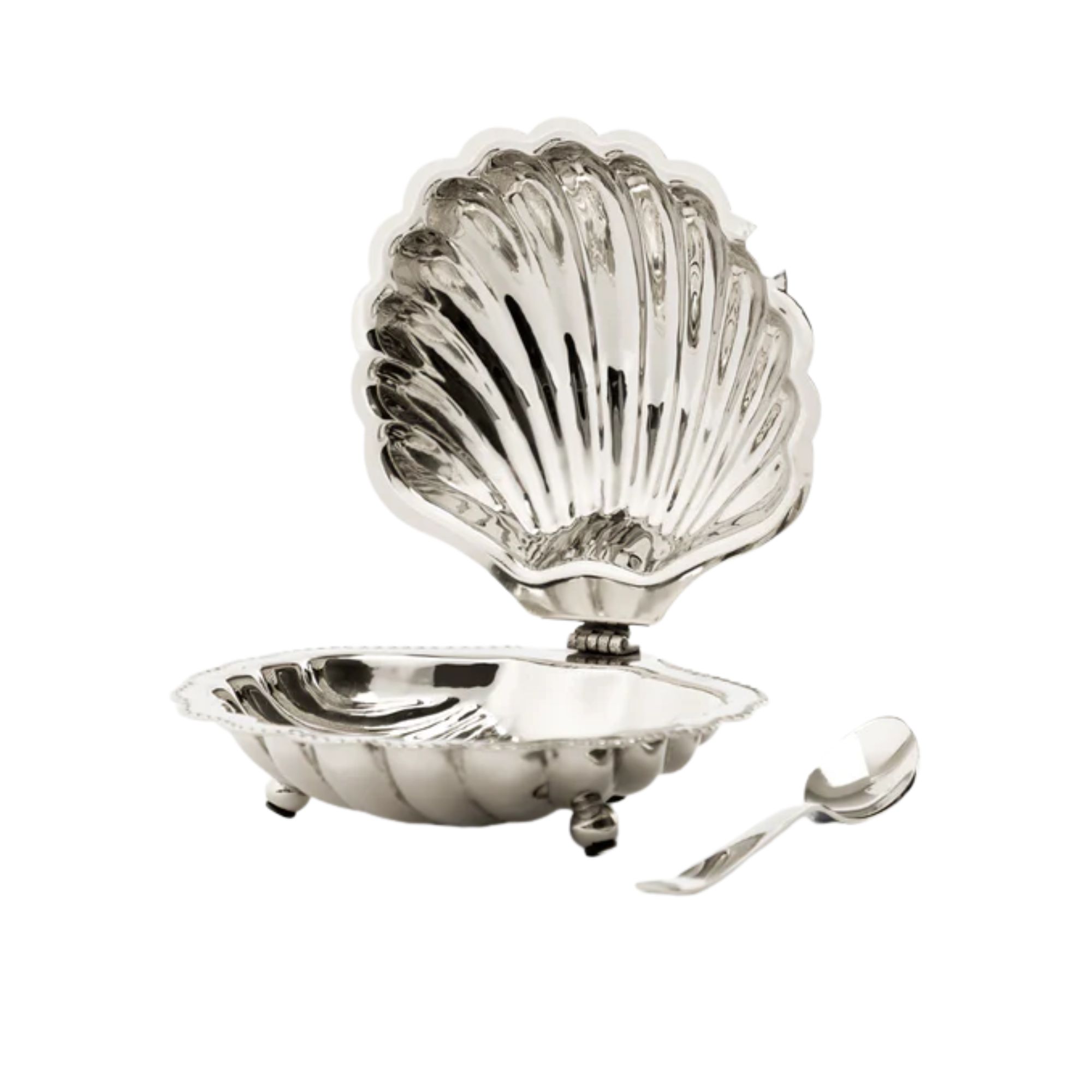 a silver clam-shaped serving dish