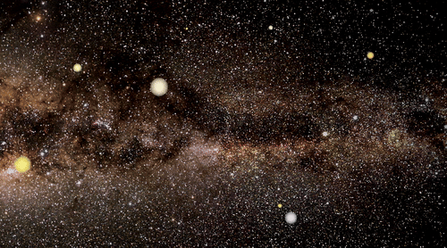 a striped planet passes in front of star, causing a lens-like distortion of the stars behind it