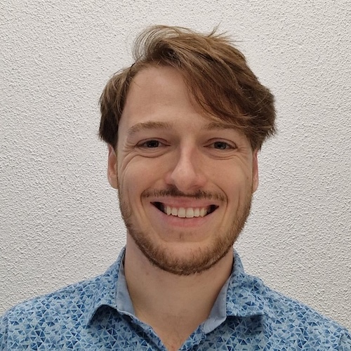 Smiling man with wavy hair and trimmed beard and mustache, wearing a blue patterned shirt.