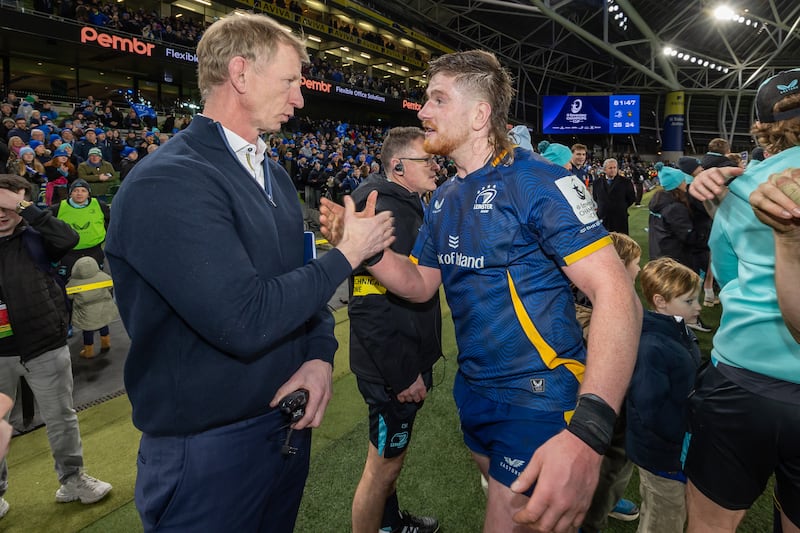 Leinster's head coach Leo Cullen and Joe McCarthy after the game. Photograph: Morgan Treacy/Inpho