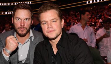 Matt Damon (right) attends a UFC event with fellow actor Chris Pratt.