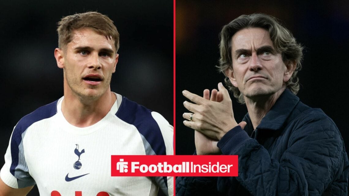 Micky van de Ven in action for Tottenham, with Thomas Frank applauding